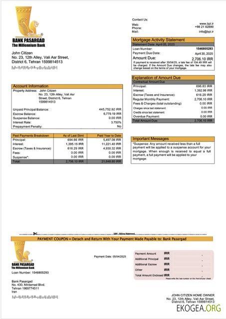 Modèle Word et PDF de relevé hypothécaire de l'Iran Bank Pasargad